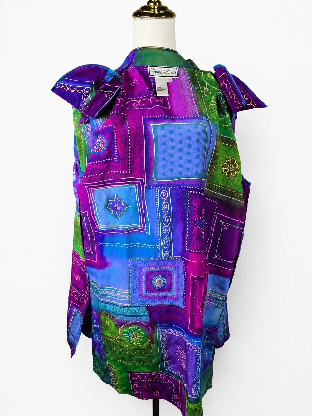 Vintage Diane Gilman 100% Silk Tunic M Jewel Tone Patchwork Art to Wear Y2K